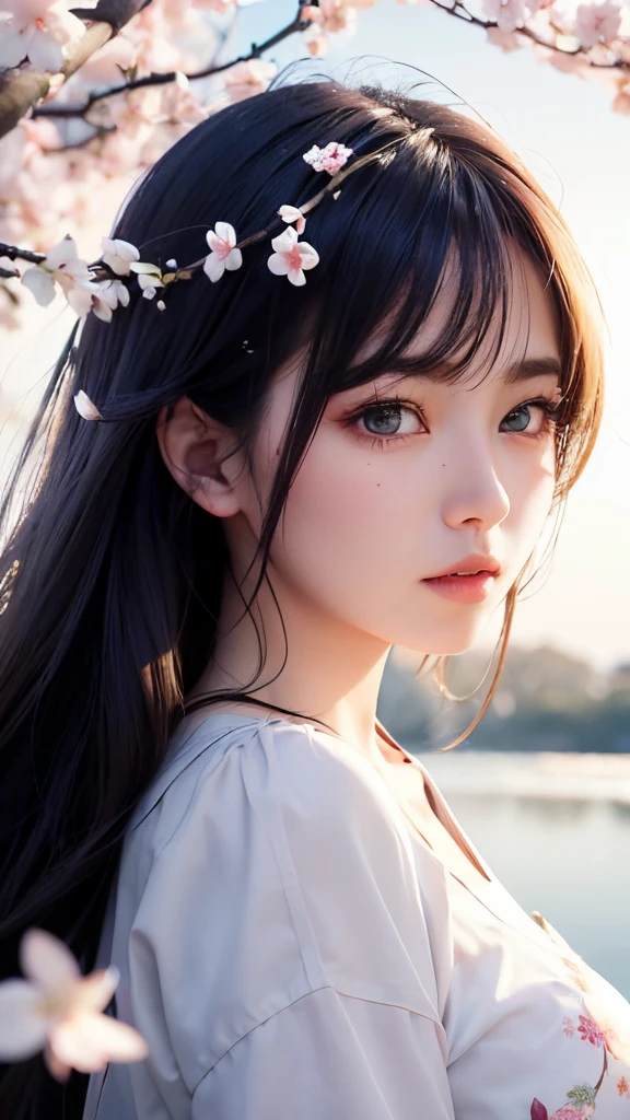 (A logo、masterpiece、8K、masutepiece、Raw photo、Fantastic、Best Quality、Photorealistic、extremely detailed CG unified 8k wallpaper、hightquality、ighly detailed、epic poem、Particle effect、Dynamic effects、depth of fields、Cinematic Light、Lens Flare、Ray tracing)、Fantasia、 (Beauty 1 person、White Japanese Clothing、Japanese dress、White cherry blossom pattern、White cherry blossom embroidery pattern、A dark-haired、Beautiful face、Real Face、Beautiful detail eyes、Beautiful skin)、Hair flutters in the wind、Hair jumps、Pink cherry blossom tree、Petals flutter、Sakura blizzard、Superb view、morning glow、Sun in the background、the wind、Deities、tusk、myth、Vast Land、
