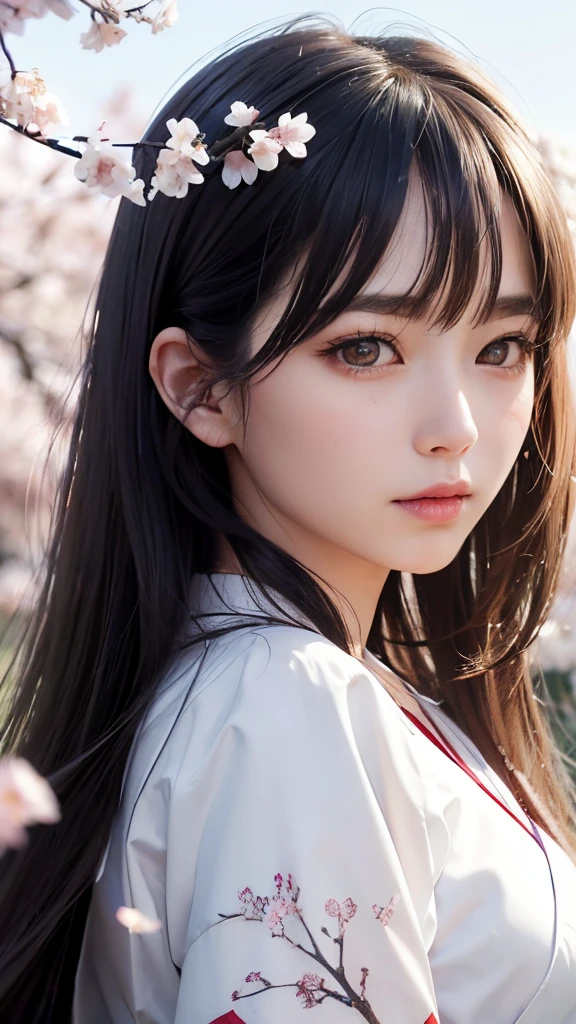 (A logo、masterpiece、8K、masutepiece、Raw photo、Fantastic、Best Quality、Photorealistic、extremely detailed CG unified 8k wallpaper、hightquality、ighly detailed、epic poem、Particle effect、Dynamic effects、depth of fields、Cinematic Light、Lens Flare、Ray tracing)、Fantasia、 (Beauty 1 person、White Japanese Clothing、Japanese dress、White cherry blossom pattern、White cherry blossom embroidery pattern、A dark-haired、Beautiful face、Real Face、Beautiful detail eyes、Beautiful skin)、Hair flutters in the wind、Hair jumps、Pink cherry blossom tree、Petals flutter、Sakura blizzard、Superb view、morning glow、Sun in the background、the wind、Deities、tusk、myth、Vast Land、