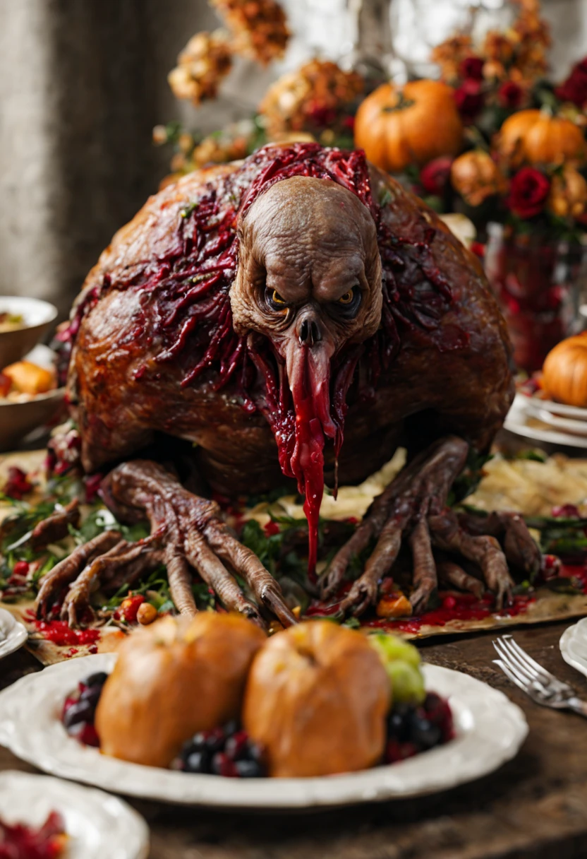 n Hyperrealistic Zombie Animal Turky on a Thanksgiving Table, Blood, Gore, Detailed and Intrincicated, HD