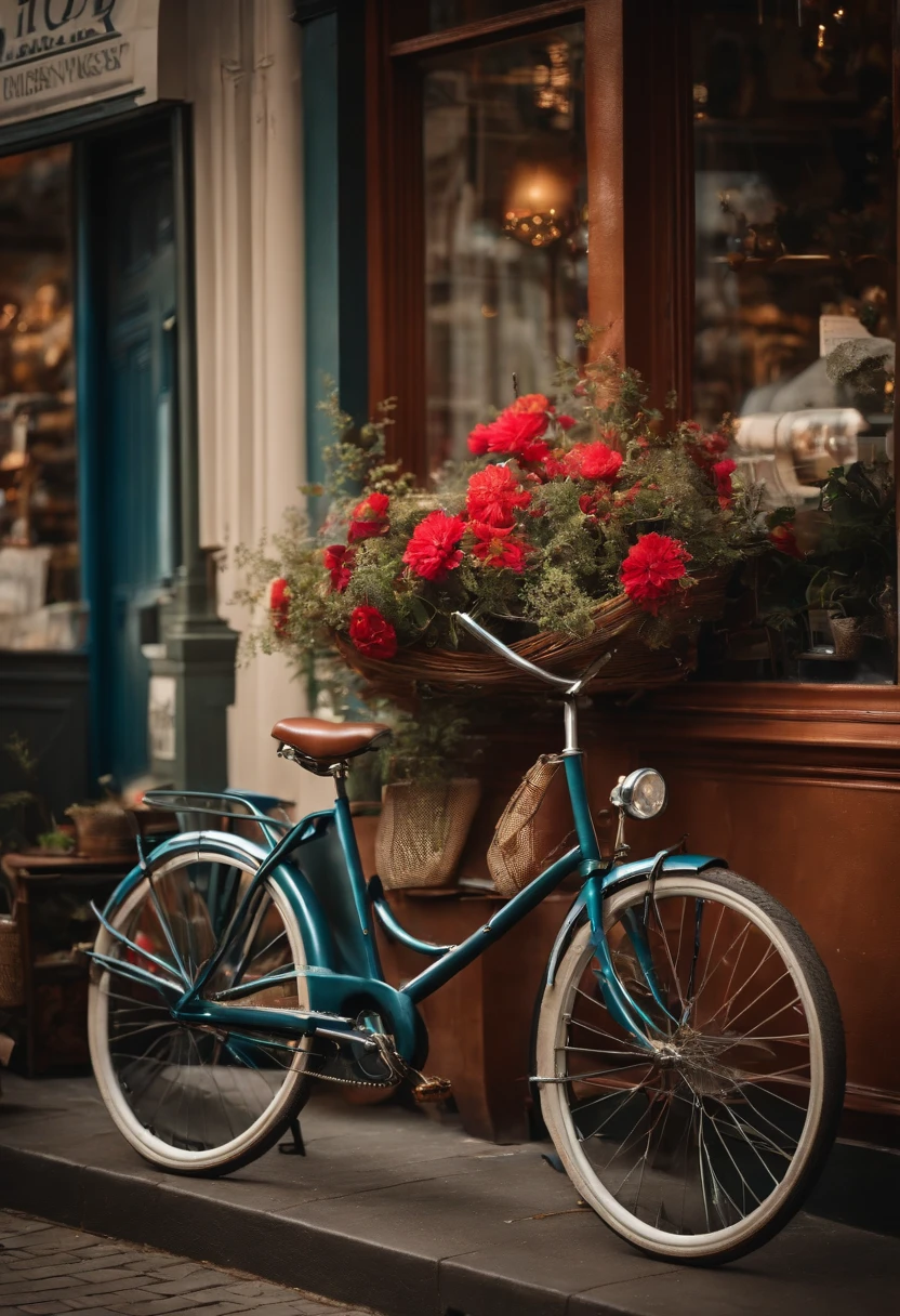 A photo of a uniquely decorated bicycle parked outside a vintage shop,original,Man