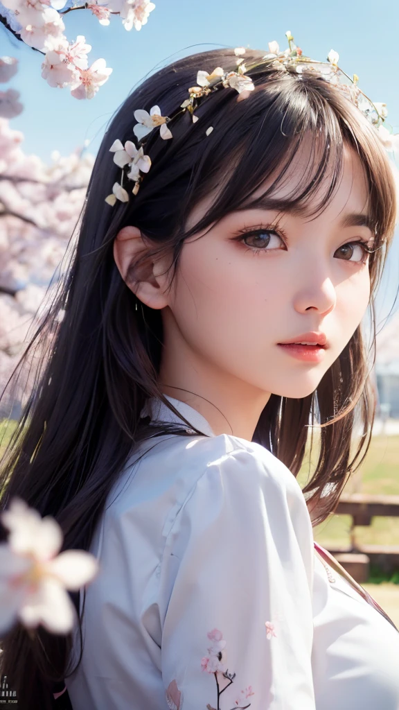 (A logo、masterpiece、8K、masutepiece、Raw photo、Fantastic、Best Quality、Photorealistic、extremely detailed CG unified 8k wallpaper、hightquality、ighly detailed、epic poem、Particle effect、Dynamic effects、depth of fields、Cinematic Light、Lens Flare、Ray tracing)、Fantasia、 (Beauty 1 person、White Japanese Clothing、Japanese dress、White cherry blossom pattern、White cherry blossom embroidery pattern、A dark-haired、Beautiful face、Real Face、Beautiful detail eyes、Beautiful skin)、Hair flutters in the wind、Hair jumps、Pink cherry blossom tree、Petals flutter、Sakura blizzard、Superb view、morning glow、Sun in the background、the wind、Deities、tusk、myth、Vast Land、