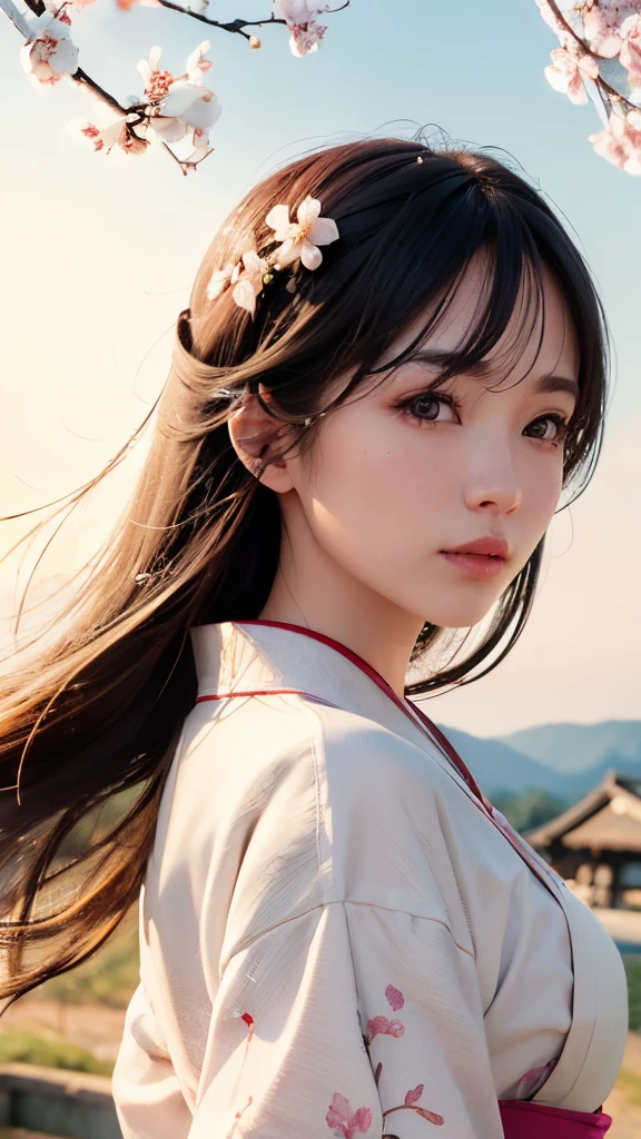 (A logo、masterpiece、8K、masutepiece、Raw photo、Fantastic、Best Quality、Photorealistic、extremely detailed CG unified 8k wallpaper、hightquality、ighly detailed、epic poem、Particle effect、Dynamic effects、depth of fields、Cinematic Light、Lens Flare、Ray tracing)、Fantasia、 (Beauty 1 person、White Japanese Clothing、Japanese dress、White cherry blossom pattern、White cherry blossom embroidery pattern、A dark-haired、Beautiful face、Real Face、Beautiful detail eyes、Beautiful skin)、Hair flutters in the wind、Hair jumps、Pink cherry blossom tree、Petals flutter、Sakura blizzard、Superb view、morning glow、Sun in the background、the wind、Deities、tusk、myth、Vast Land、