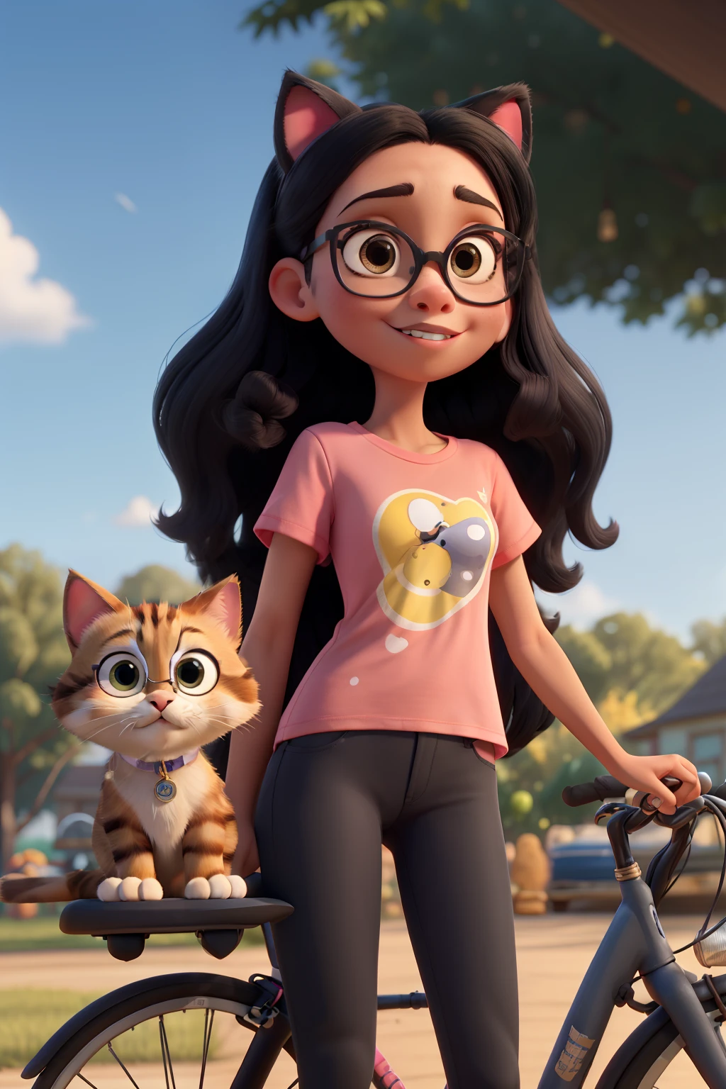 disney pixar cartoon, girl with black eyes, black long hair, black skin, glasses with clear lenses and golden rims, wearing pink t-shirt with cat designs, with cat on her shoulder, in front of a park landscape holding a bicycle.