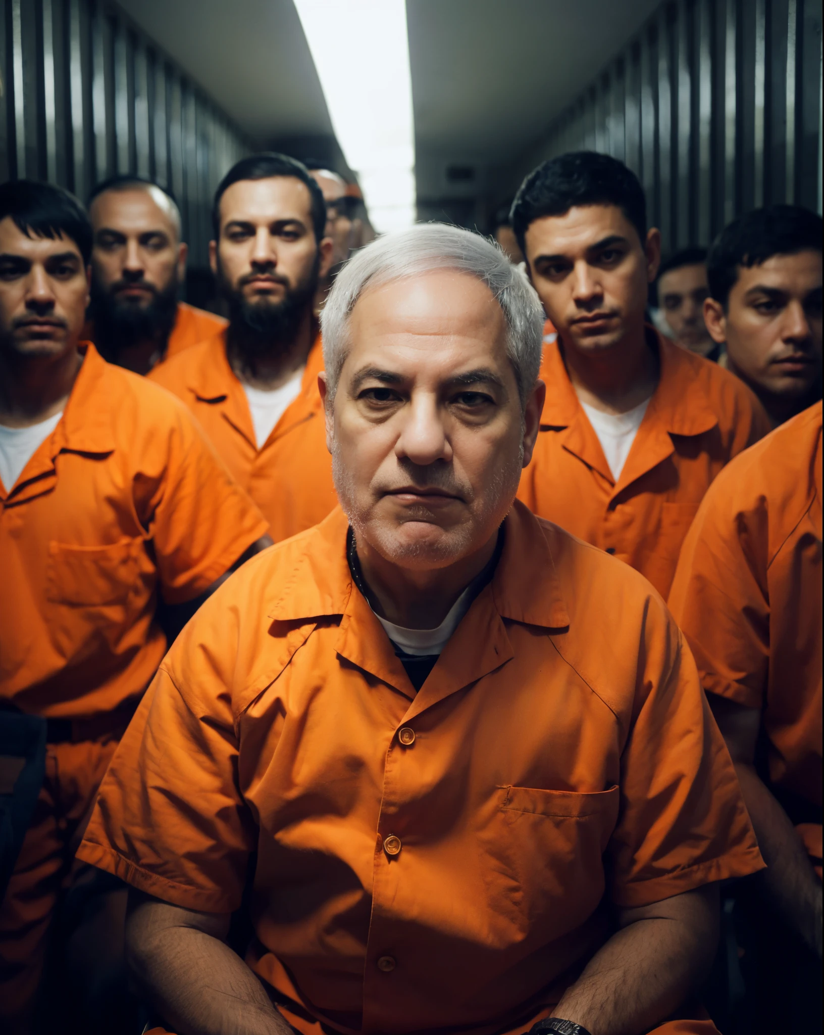 5 people 50 year old men with black hair, and 1 person in the front is Benjamin Netanyahu, with orange clothes and white hair in prison, eyes looking forward, sitting on a chair