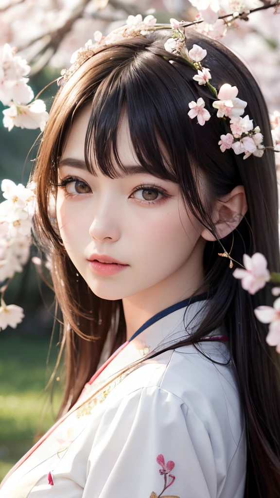 (A logo、masterpiece、8K、masutepiece、Raw photo、Fantastic、Best Quality、Photorealistic、extremely detailed CG unified 8k wallpaper、hightquality、ighly detailed、epic poem、Particle effect、Dynamic effects、depth of fields、Cinematic Light、Lens Flare、Ray tracing)、Fantasia、 (Beauty 1 person、White Japanese Clothing、Japanese dress、White cherry blossom pattern、White cherry blossom embroidery pattern、A dark-haired、Beautiful face、Real Face、Beautiful detail eyes、Beautiful skin)、Hair flutters in the wind、Hair jumps、Pink cherry blossom tree、Petals flutter、Sakura blizzard、Superb view、morning glow、Sun in the background、the wind、Deities、tusk、myth、Vast Land、