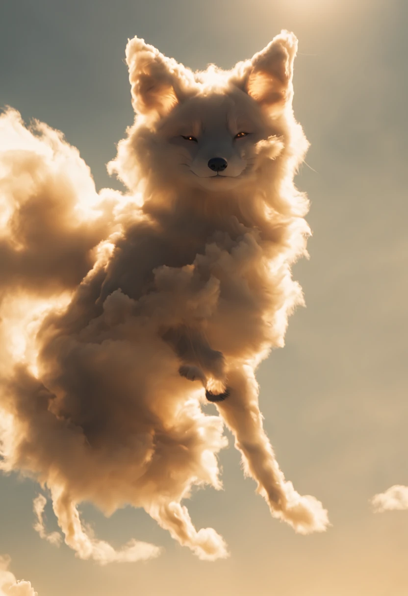 the clouds look like a Chinese Kitsune fox, fox in a leap, backlit by the sun.