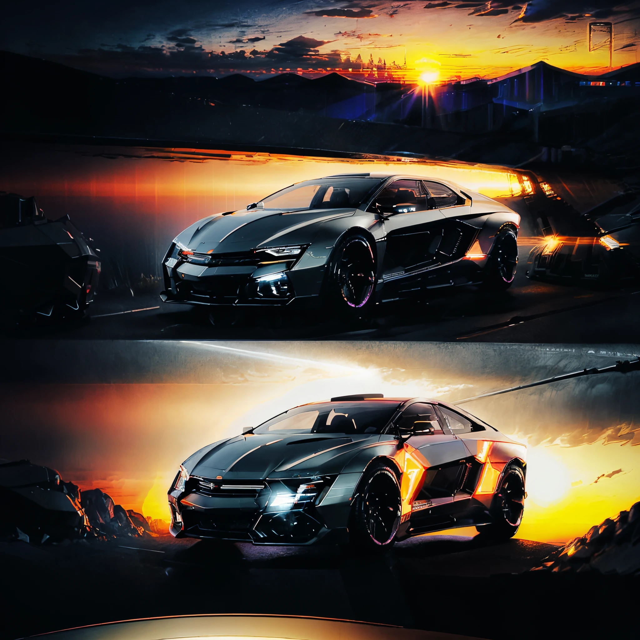 (nvinkpunk: 1.2) Develop a visual representation of a synthwave style motorcycle, incorporating a dynamic light wave. Integrate the romantic atmosphere of a sunset, destacando detalhes intricados e altamente detalhados. O indicador (nvinkpunk: 1.2) suggests a specific level of complexity. Be sure to capture the fusion between 80s retro-futuristic aesthetics and contemporary elements. A paleta de cores deve refletir os tons quentes do entardecer.