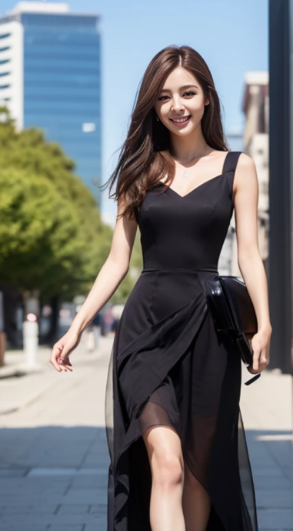 ((Best quality, 8k, Masterpiece :1.3)), 1girl, smiling, full body, slim face, Pretty woman, (Dark brown hair), full length dress :1.1, Ultra-detailed face, Detailed eyes, Double eyelid, blur background, slim face, city, outside, street,