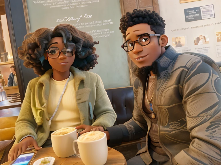 Capa de filme estilo Disney, a woman with dark skin and curly hair with her black boyfriend wearing glasses in a cafe in Paris