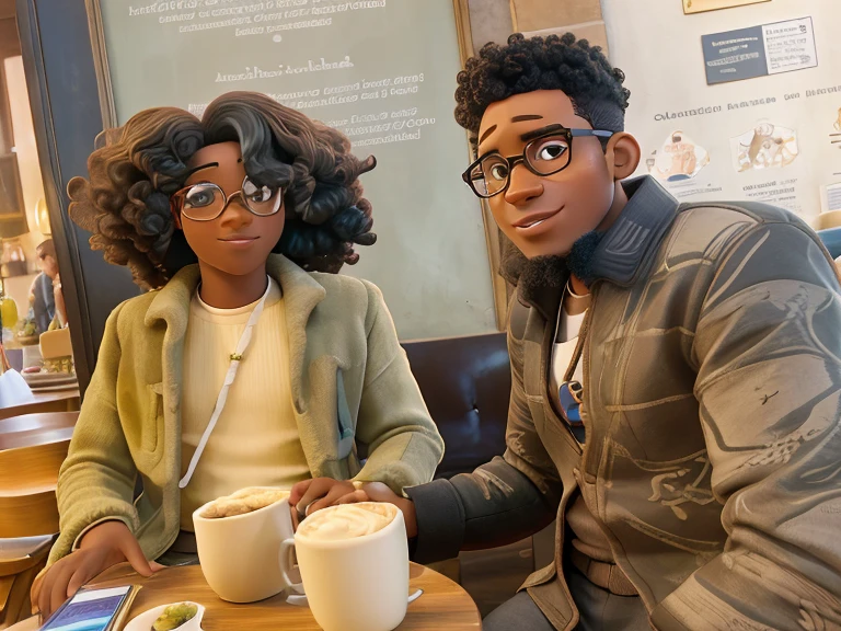 Capa de filme estilo Disney, a woman with dark skin and curly hair with her black boyfriend wearing glasses in a cafe in Paris