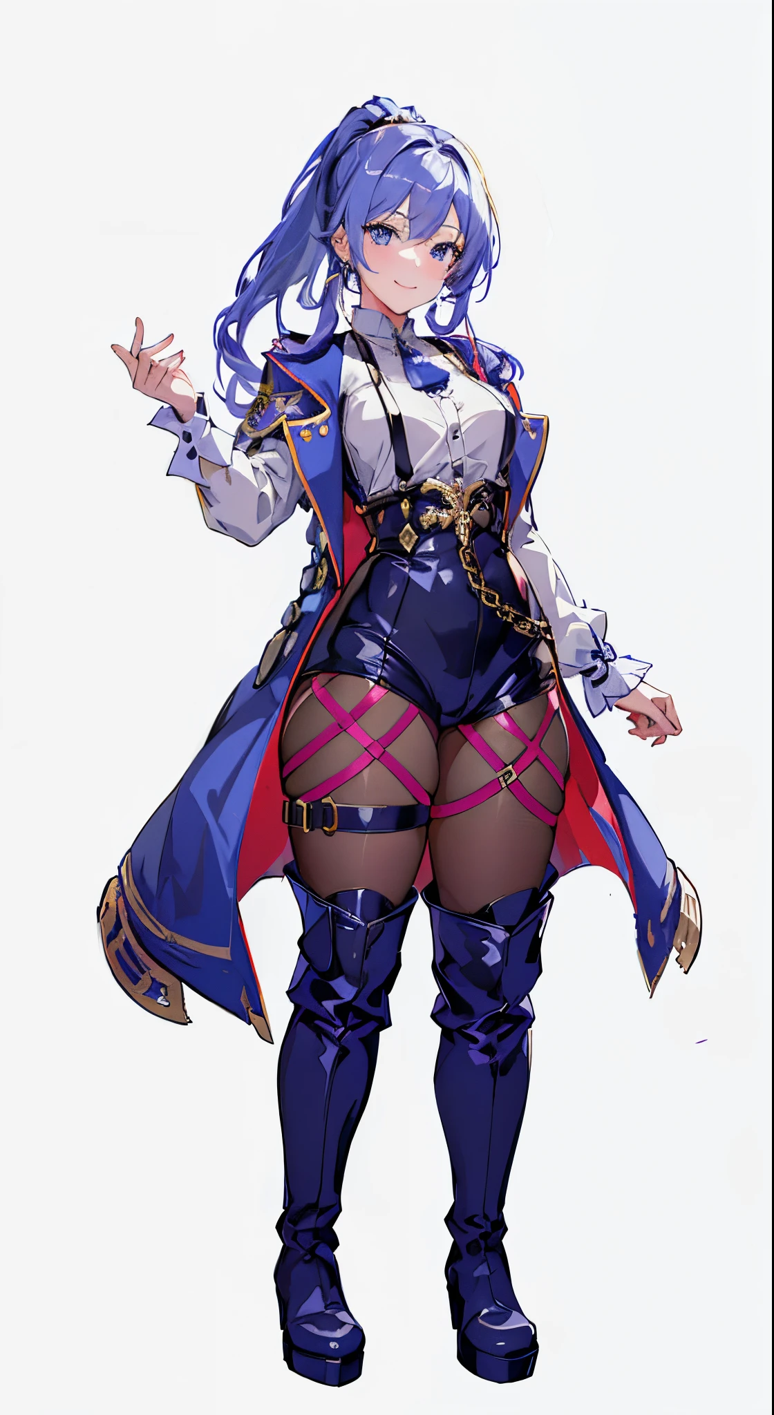 masterpiece, best quality, 1girl, Happy, Smile, Clever, Beautiful, 1920's cloths, pants, suspenders, ponytail ,blue hair, blue eyes, wallpaper, Full Body, depth of field, side lighting, thigh-high Boots, fate \(series\), genshin impact, jacket, White Background