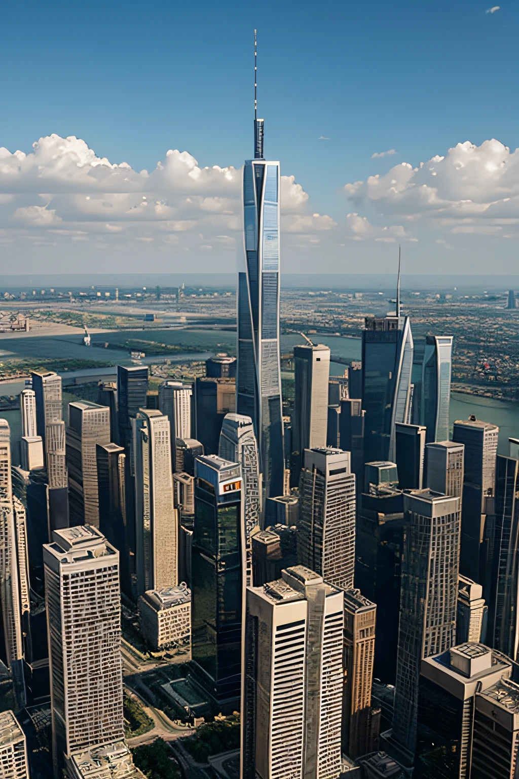 Generate image with several skyscrapers within a city, in a up-bottom view