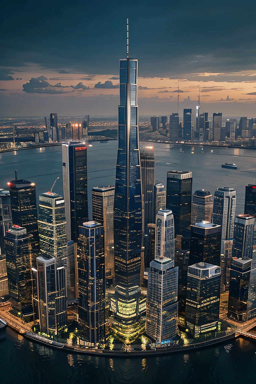 Generate image with several skyscrapers within a city, in a up-bottom view