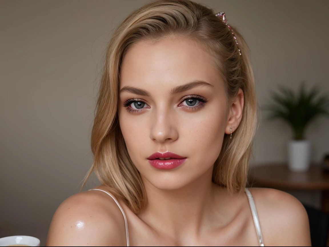 blonde skinny, Intensely beautiful woman. ((Intense grey eyes)) with catchlights. heavy mascara, realistic skin, Direct gaze. Backlit eyes. Digital photography. Plump soft pink lips, dark red lipstick (((very shiny lips due to high sheen lipgloss))), light eyebrows. Most beautiful freckled face girl, hair in ponytail with a bow, marvellous, adorable, very cute, wonderful, happy, goddess, queen, exquisite, esoteric, petrol-coloured dress, sat by a table drinking cappuccino