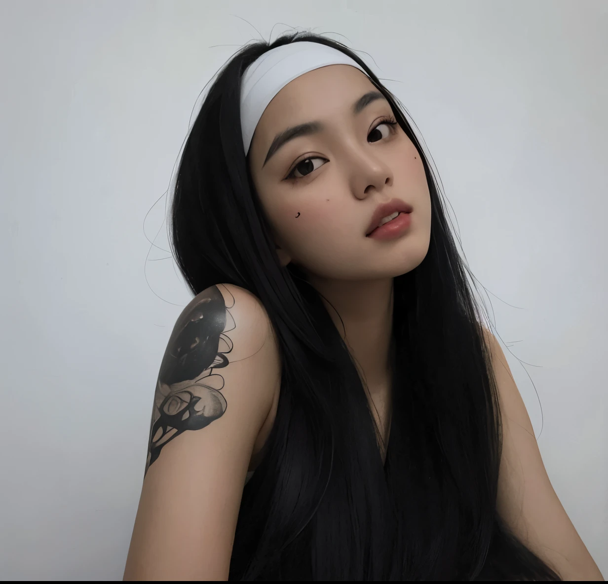 Arafed woman with long black hair and a white headband, Ulzzang, foto de perfil, Asian girl with long hair, south east asian with round face, asian features, de menina taiwanesa com tatuagens, com cabelos longos, an Asian woman, Asian girl, Beautiful Asian girl, menina coreana, com cabelo preto liso, a young asian woman, cabelos pretos longos e finos
