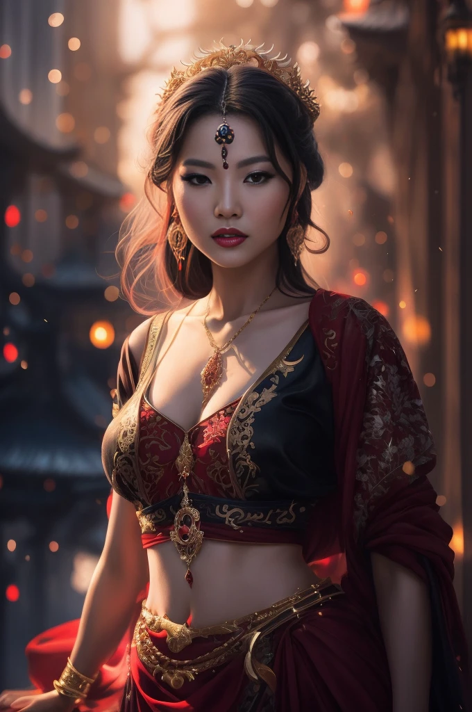 araffe woman in a red and black outfit posing for a picture, beautiful oriental woman, 8k artgerm bokeh, beautiful asian girl, asian woman, asian girl, beautiful asian woman, traditional beauty, indian goddess, fantasy woman, beautiful digital artwork, 8k stunning artwork, a beautiful fantasy empress, ross tran 8 k, wlop. 4 k