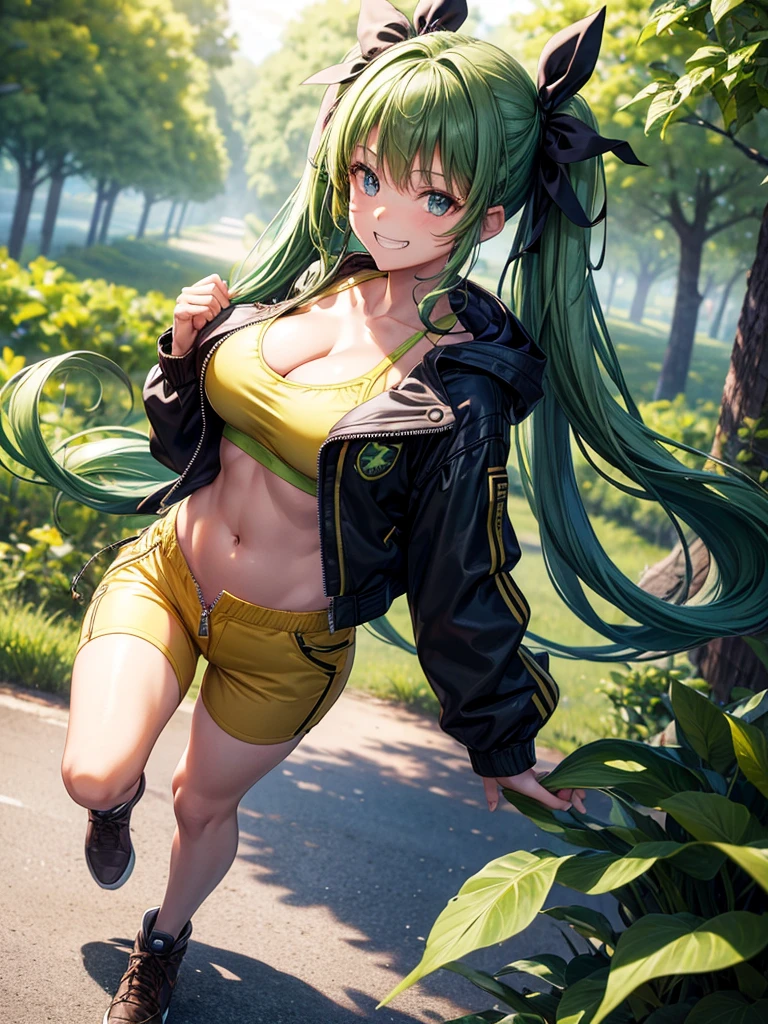 1girl, solo, full body, summer, village, trees, long hair, ((dark green hair)), curly hair, twintail, large breasts, sport bra, belly, dark blue eyes, ((opened brown zipper jacket)), yellow pants, grin, looking at the viewer, running, hair ribbon