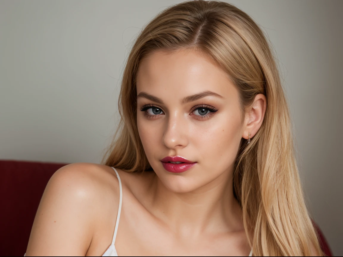 Slavic girl 26 years old, blonde hair, petite, slim, bun, dark red lips, photorealistic