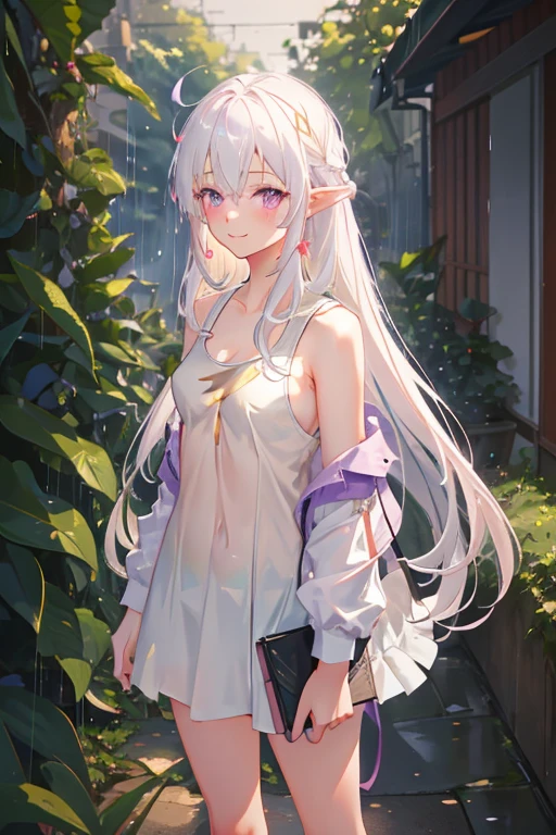 1girl, ((medium-small breasts)), light smile, light blush, standing in rain, long hair, white hair, purple eyes, ((pointy ears)), tank top, trees, vegetation, (neutral colors), (hdr:1.3) super resolution, super detailed, ultra detailed, masterpiece, best quality,