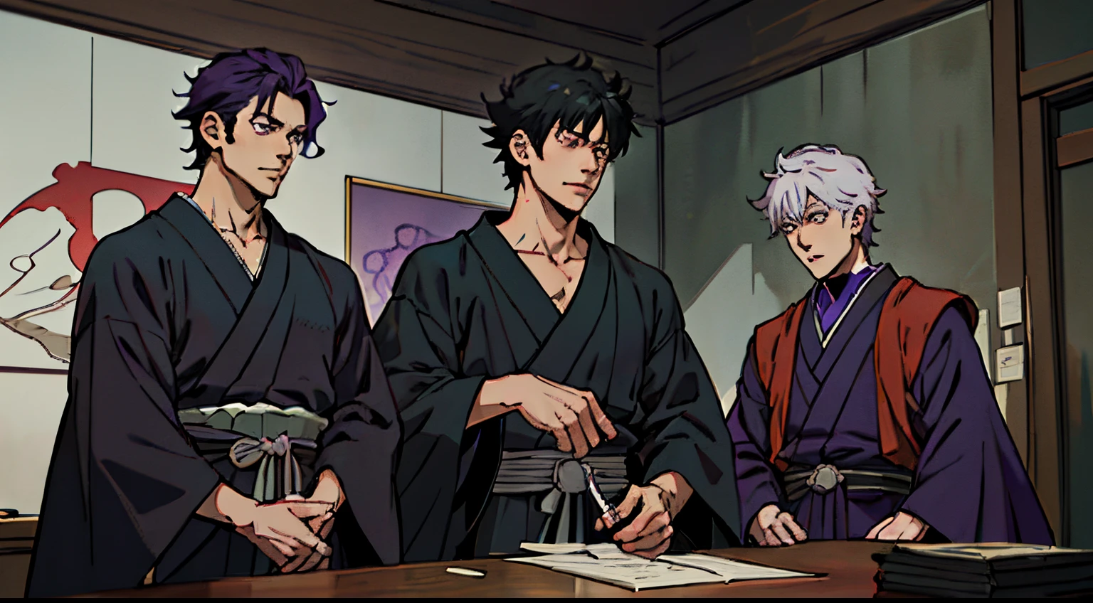 Man in purple shirt, Holding the Sword, handsome guy in demon slayer art, Koyoharu Gotouge, Hijikata Toshiro, Gintama, in black and purple clothes, The art style of the UFOTABLE studio, in dark purple robes, Dark purple robes, official character art, screenshot from black clover