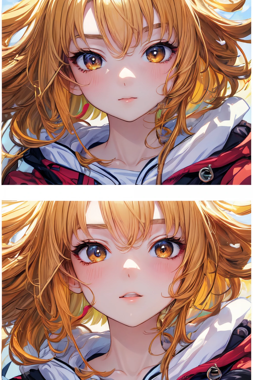 Top Quality, Masterpiece, High Resolution, 8k, Hoodie and Anime Style Girl, One Girl, Detailed Line Art, Bright White and Bright Amber Style, Digital Enhancement, Close Up, Anime Core, Flowing Fabric