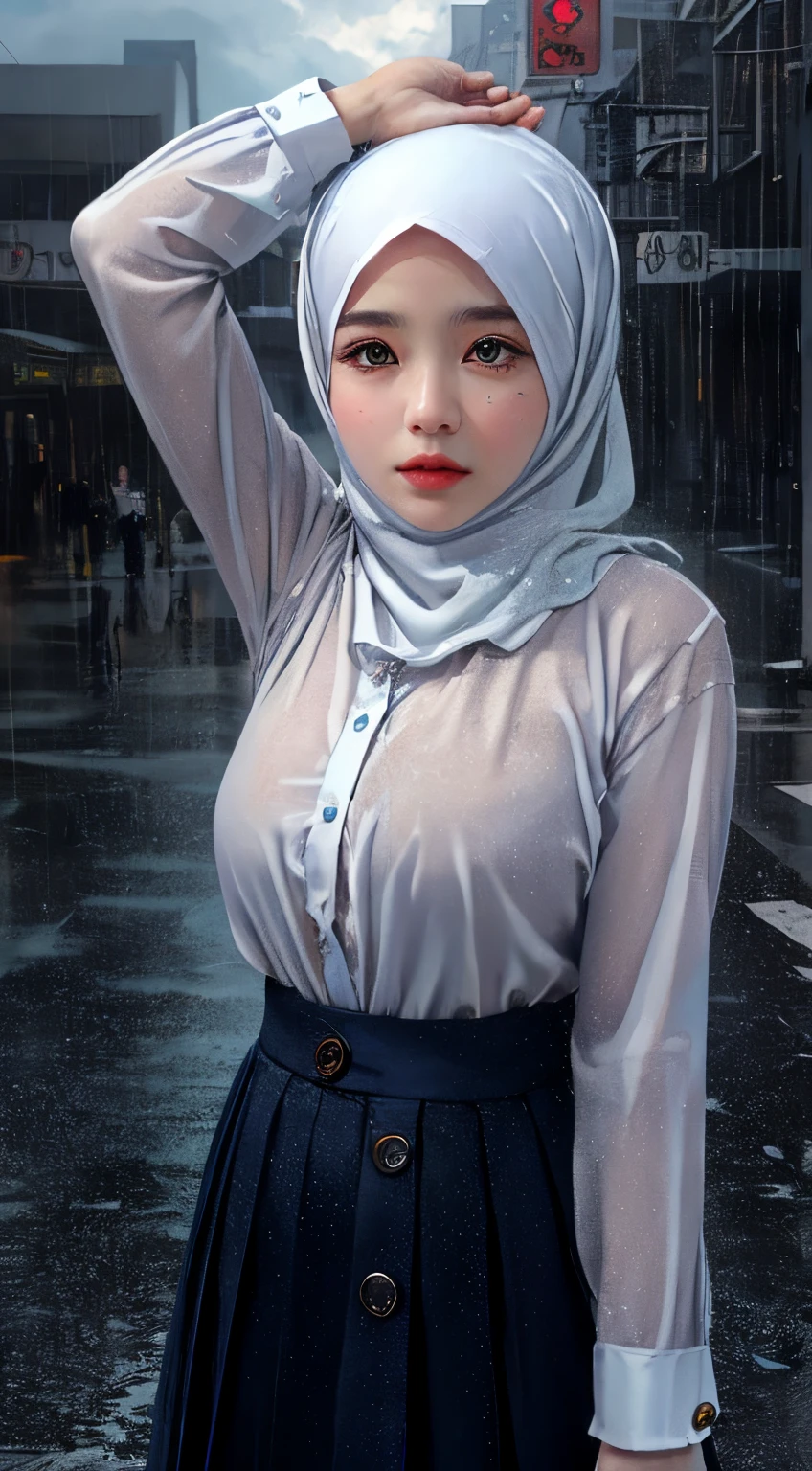 Best Quality, Masterpiece, Ultra High Resolution, ultra detailed object, detailed background, (Realisticity: 1.4), Original Photo, cloudy season, rainy, shepia light, 1Girl, Mature, long sleeves, button shirt, Film Lighting, beauty, hijab, big boob, on the streets, after school, detailed body textured, oily, wet shirt, two arms up,