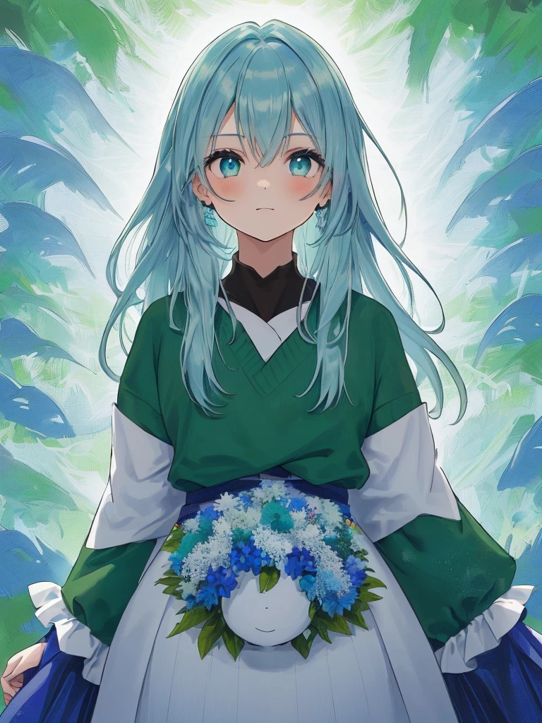 1 girl, cabelo azul com fundo verde, olhos grandes azuis detalhados, olhar curioso, Poderes roxos e verde brilhantes e desfocados, fundo verde, folhas voando desfocado, (Papel de parede extremamente detalhado da unidade CG 16k:1.1), (Strength that eliminates noise: 1.45), (tObra-prima:1.37), ((Arte Oficial)), UHD