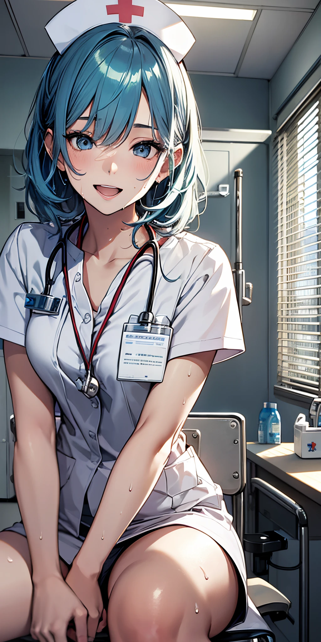 top-quality、supreme1People Girls,hightquality,, ((masuter piece)), ((High resolution)), ((Best Quality)), detail, (cum faced、Excited face.Very happy,), ((Skin shiny with sweat)), OL:1.4、(Nurse:1.3)、 girl with, lightblue hair, (Straight、Bangs Patsun)、sit on desk、fair white skin:1.3、、Colossal tits, cinmatic lighting, perfectly shaded,(((Hospital Room))), Realistic lighting with shades,