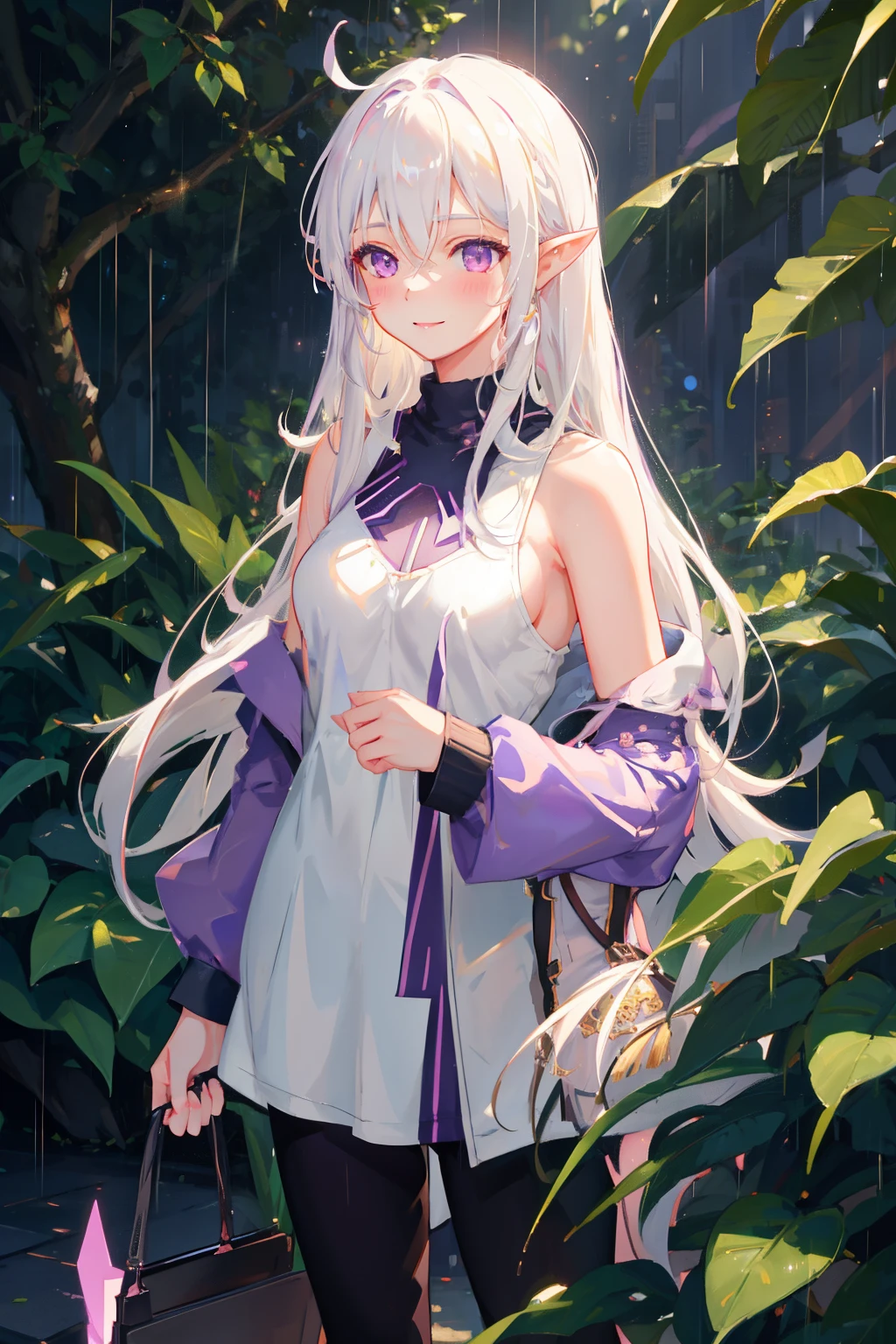 1girl, ((medium-small breasts)), light smile, light blush, standing in rain, long hair, white hair, purple eyes, ((pointy ears)), tank top, trees, vegetation, (neutral colors), (hdr:1.3) super resolution, super detailed, ultra detailed, masterpiece, best quality,