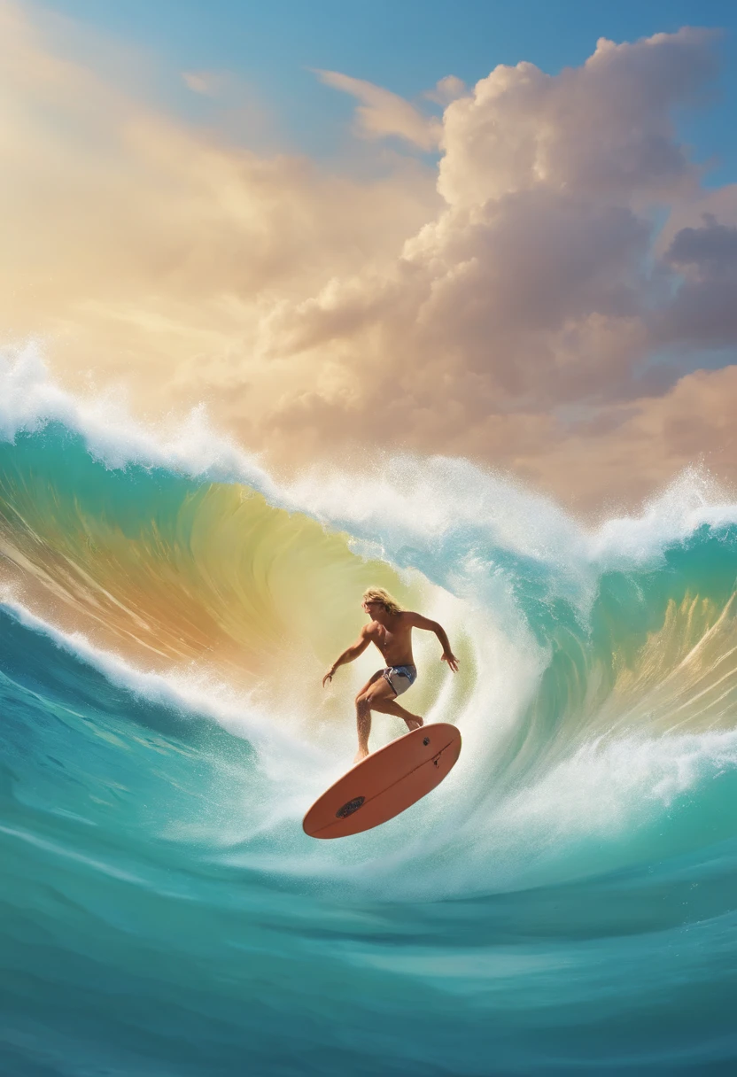 SurferBro doing a backflip off the top of a wave,original,SurferBro has long blonde hair, mid twenties, tan skin, and drop dead handsome. He only wears board shorts and a puka shell necklace