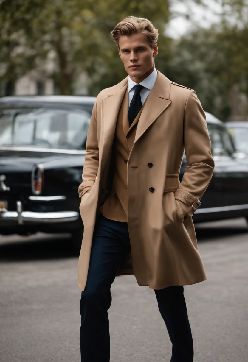 A photo of Nicholas meticulously arranging a collection of vintage cameras and photography equipment on a sleek black table.,original,Nicholas looks like the actor and celebrity Tom Glynn-Carney.

Gender: Male

Physical Attributes:
Nicholas possesses a well-maintained physique, distinguished by a toned and slim build, which accentuates his graceful presence. His skin carries a light tan, imbuing him with a healthy, sun-kissed glow that hints at an active lifestyle. His eyes, a piercing shade of blue, draw attention with their depth and clarity.

Hair:
Nicholas sports short, neatly groomed dirty blonde hair, which not only complements his appearance but also underscores his commitment to a polished and sophisticated look.

Apparel:
Nicholas is characterized by a tasteful and understated sense of fashion. He favors a plain crewneck shirt, reflecting his appreciation for simplicity and practicality. These versatile shirts convey an air of effortlessness and serve as a canvas for his inner complexities.

Complementing his shirt, he chooses straight-leg jeans that strike a harmonious balance between comfort and style. These jeans underscore his practicality, ensuring he's well-prepared for the rigors of everyday life.

To shield against the elements, Nicholas dons a warm and elegant coat, reinforcing his dedication to a refined and polished image. The coat not only offers protection but also projects a hint of sophistication that aligns with his enigmatic persona.

Completing his ensemble, Nicholas opts for semi-formal shoes. These choices combine style and comfort, allowing him to navigate seamlessly between casual and more formal settings. This footwear underscores his adaptability, an attribute that resonates with his multifaceted personality.

In addition to his attire, it's important to note that Nicholas's fashion choices go beyond mere garments; they reflect his personality, which embodies a compelling blend of charm, intelligence, and darkness.