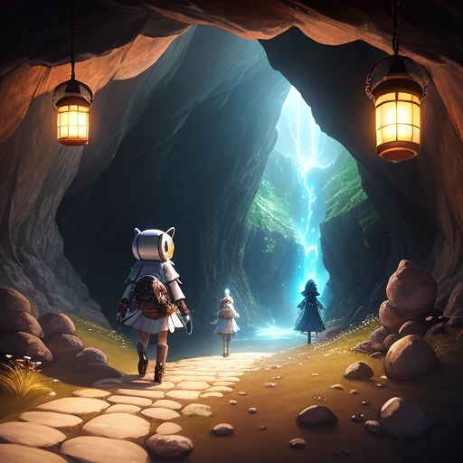 Object Head、lamp head human、Explorer、inside a cave、anime styled、steampunc、Walking、crystals rolling on the ground、Mystical、Fantastical