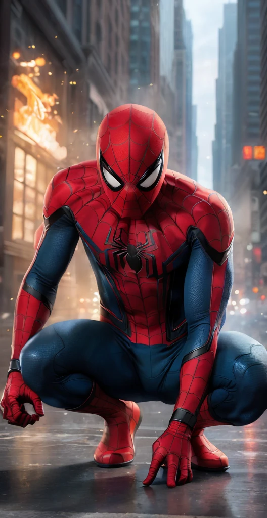 spider - man crouching down in the middle of a city street, peter parker, peter parker as spiderman, portrait shot, portrait of spiderman, spider-man, spider - man, marvel studios, textless, medium close - up ( mcu ), highly detailed spider - man, marvel character, fan art, from marvel studios, closeup portrait shot, profile shot, spiderman