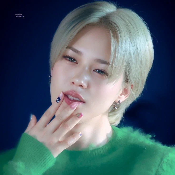 a close up of a person with a green sweater and a manicure, jimin\'s plump lips, park jimin, jimin, jimin\'s grecian nose, accurate jimin face, jimin\'s right eyelid swollen, jung jaehyun, portrait of jossi of blackpink, kim doyoung, taejune kim, hyung tae, yanjun chengt