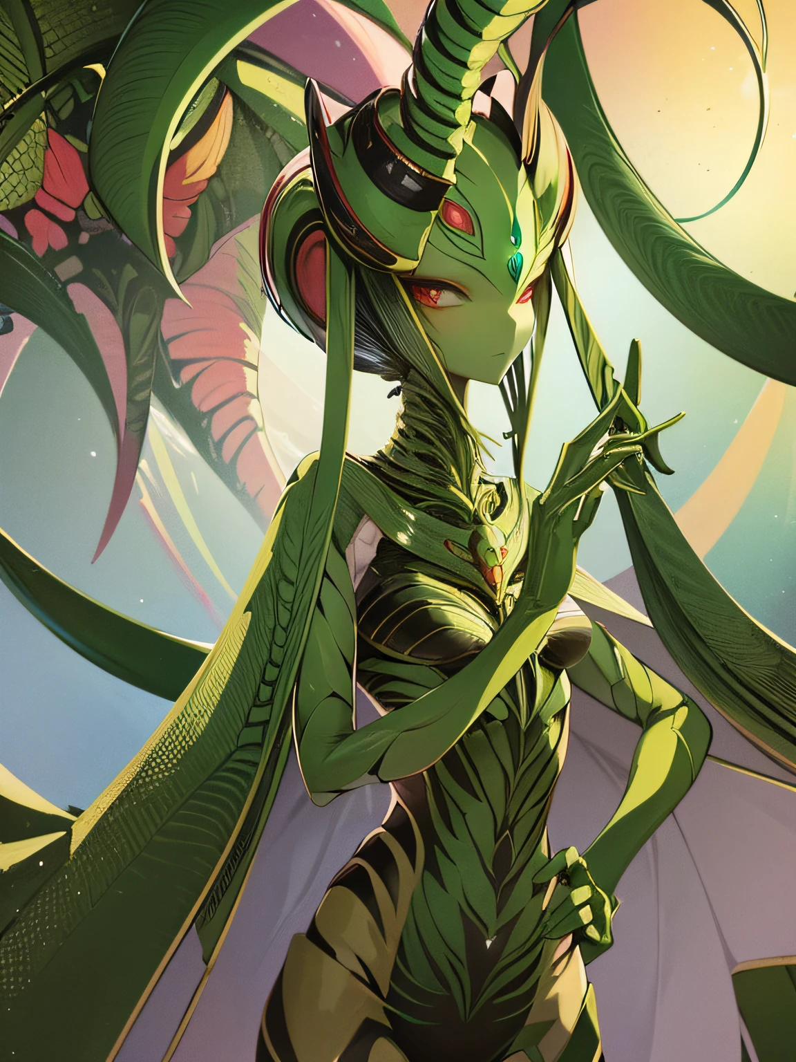 Cartoon photo of a woman in a green and red costume, hot insect humanoid woman, Guyver style, NSFW version, red eyes, scarab reploid, tentacles imitating a snake's tail, cel shade adult animation, alien queen, serpentine pose, --auto --s2