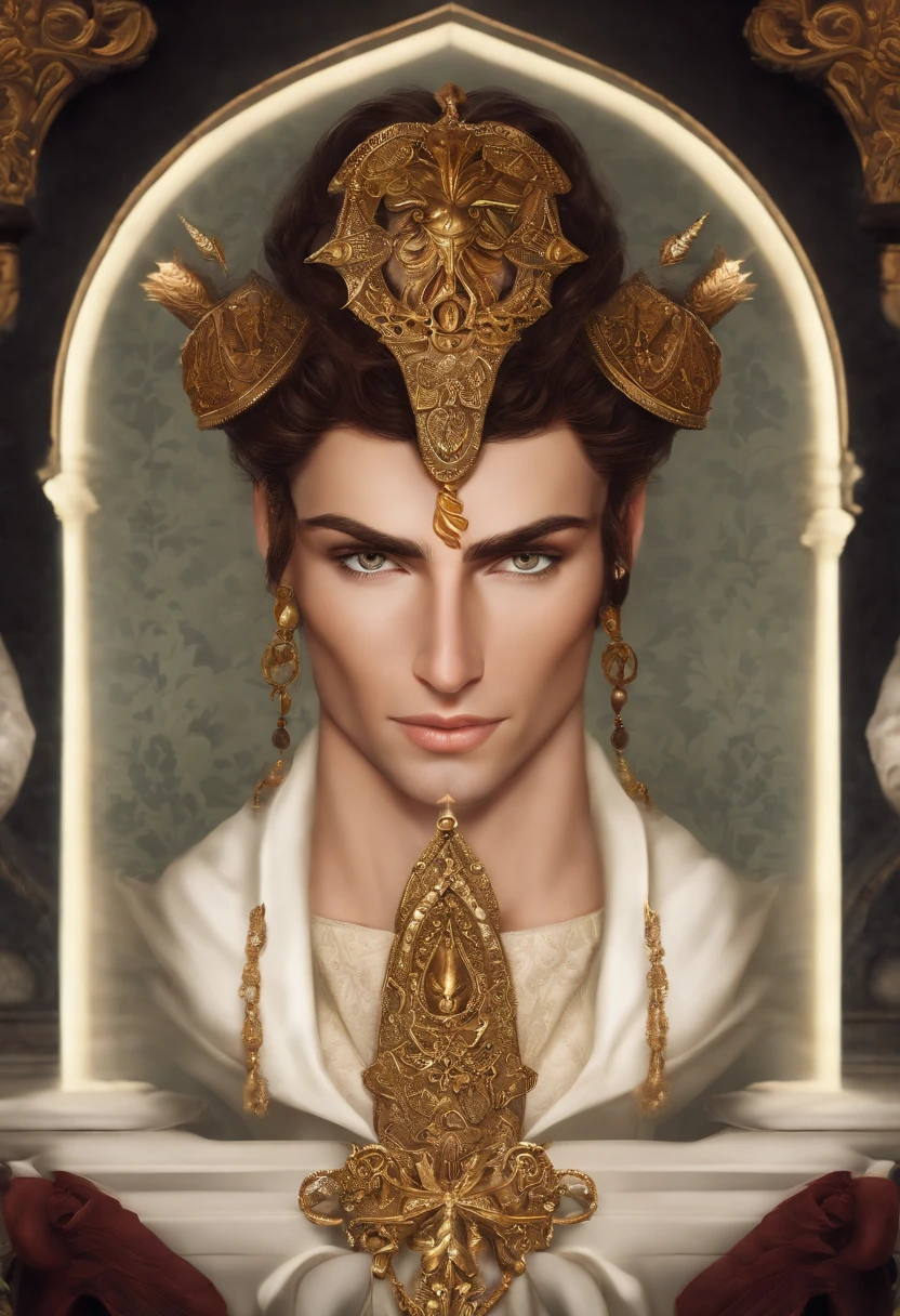 A photo of an ancient, ornate dagger with a hilt adorned with sinister symbols.,original,Sebastian Sallow is a male of average height with bronze brown hair and brown eyes. His skin is slightly tanned and covered in freckles. He has an oval face and is almost constantly smiling. He has full lips and thick brows. His body is lean but still soft.