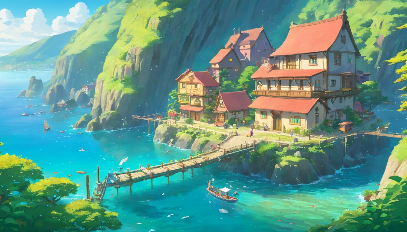 Color (Fantasy: 1.2), (Hayao Miyazaki style), (irregular building floating in the sea), patchwork cottages, flower decorations, lights, concept art inspired by Andreas Rocha, Artstation contest winner, Fantasy art, (underwater city), ross tran, light shafts, realistic lighting, masterpiece, high quality, beautiful graphics, high detail, masterpiece, high quality, beautiful graphics, high detail,