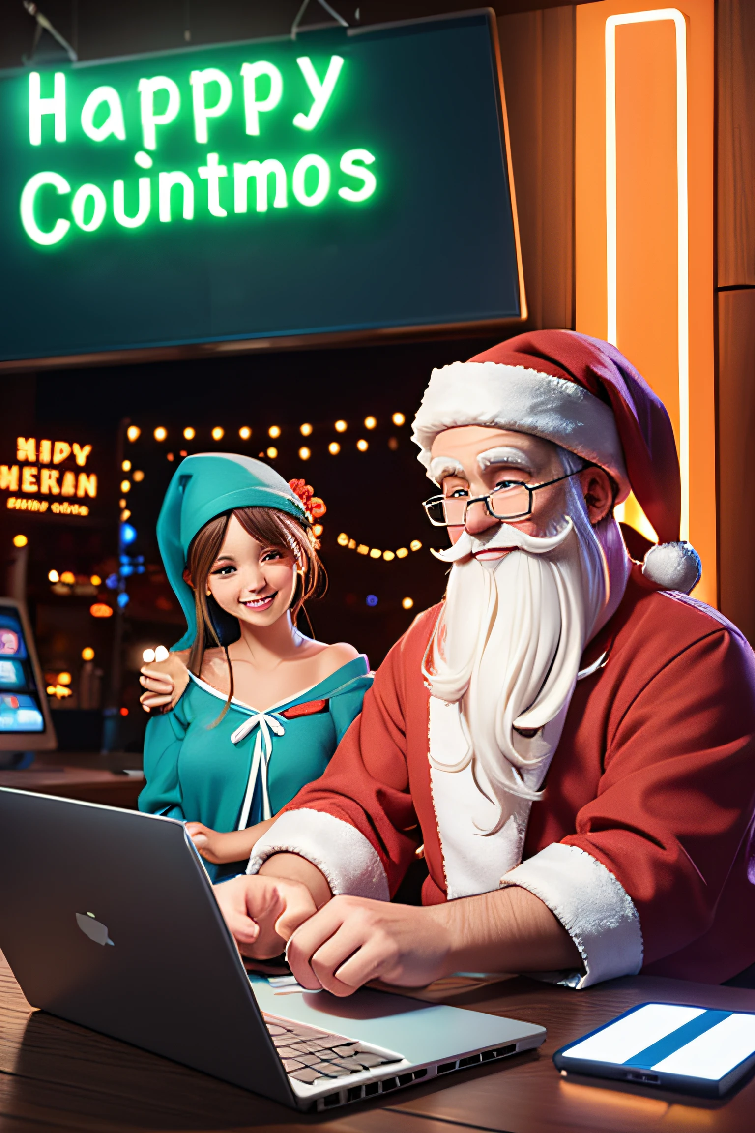 Happy digital santa and mummy, technological background, computer, cell phone, neon lights
