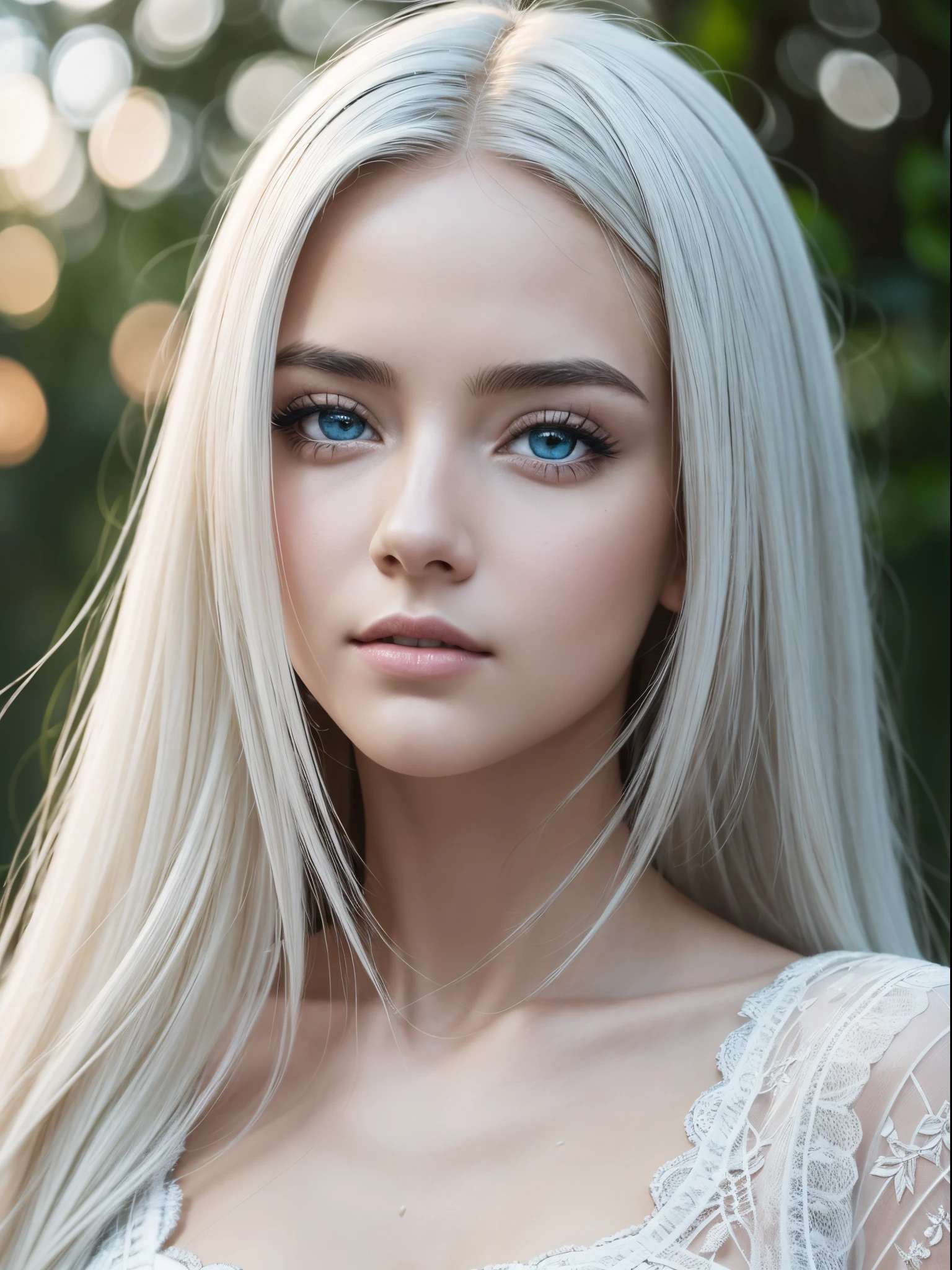 Masterpiece, Best Quality, Extremely detailed, Cinematic Lightning, intricate detials, hight resolution, official arts, finely detailed beautiful face and eyes, high-resolution illustration, 8K, Depth of field, bokeh, 独奏, 1girl, Girl with white hair and red eyes, Long white hair, beautiful red color eyes, Beautiful landscape, Rainy city, upper-body, looking a viewer, close up