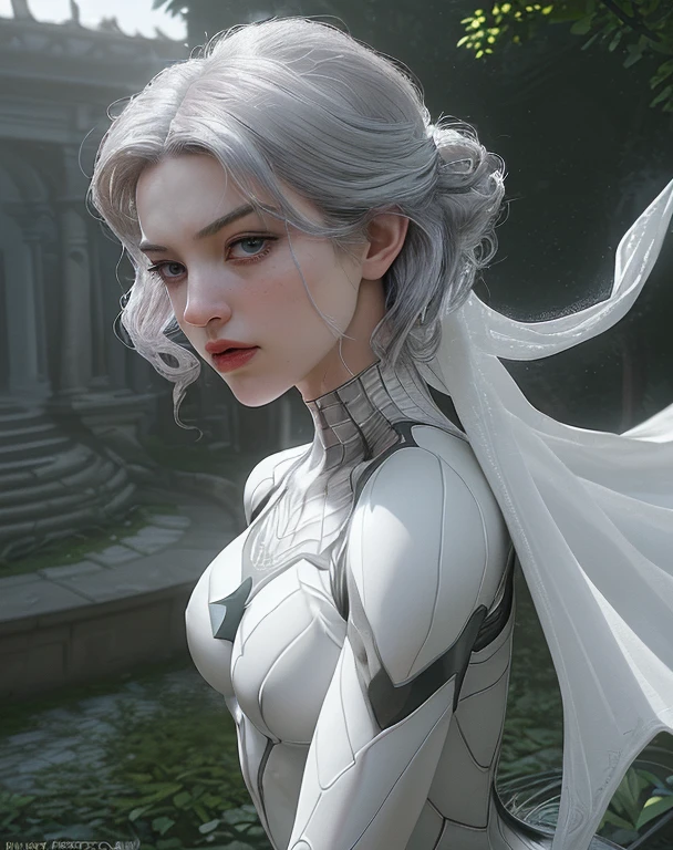 (Extreme Detail CG Unity 8K wallpaper, masterpiece, highest quality), (Exquisite lighting and shadow, highly dramatic picture, Cinematic lens effect), a girl in a white Spider-Man costume, silver gray hair color, from the Spider-Man parallel universe, Wenger, Marvel, Spider-Man, she is in the ancient garden, dynamic pose), (excellent detail, excellent lighting, wide angle), (excellent rendego on ancient garden, enough to stand out in its class), focus on white Spider-Man costumes, complex spider textures