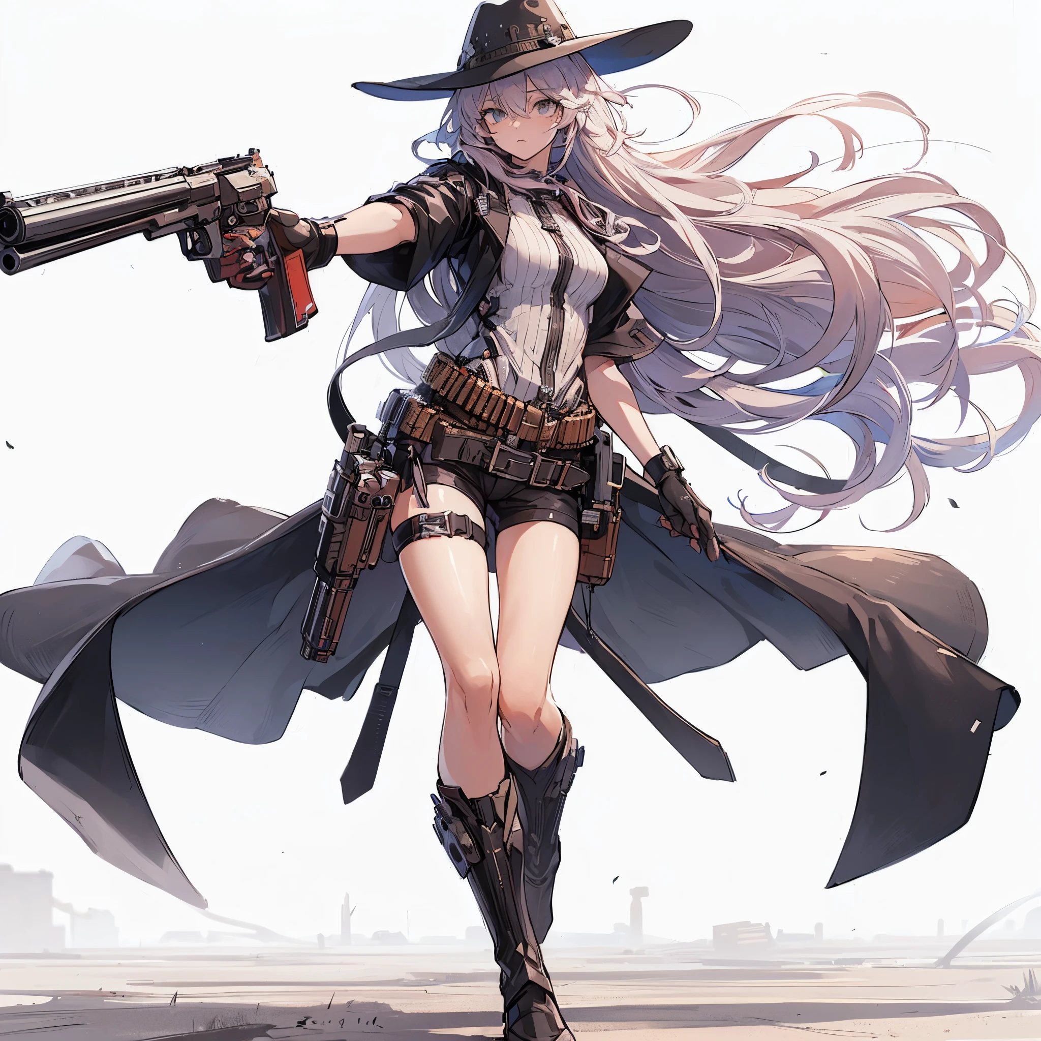 (masterpiece, Best Quality), (Perfect athlete body:1.2), (detailed hairs), Ultra-detailed, Anime style, Full body, Solo, Cyberpunk Western gunman girl, Western hat and cyberpunk gunman attire, she holds a revolver pistol with a very long barrel, boots with spur, standing on wasteland, 8k high resolution, white background, ((whole body))