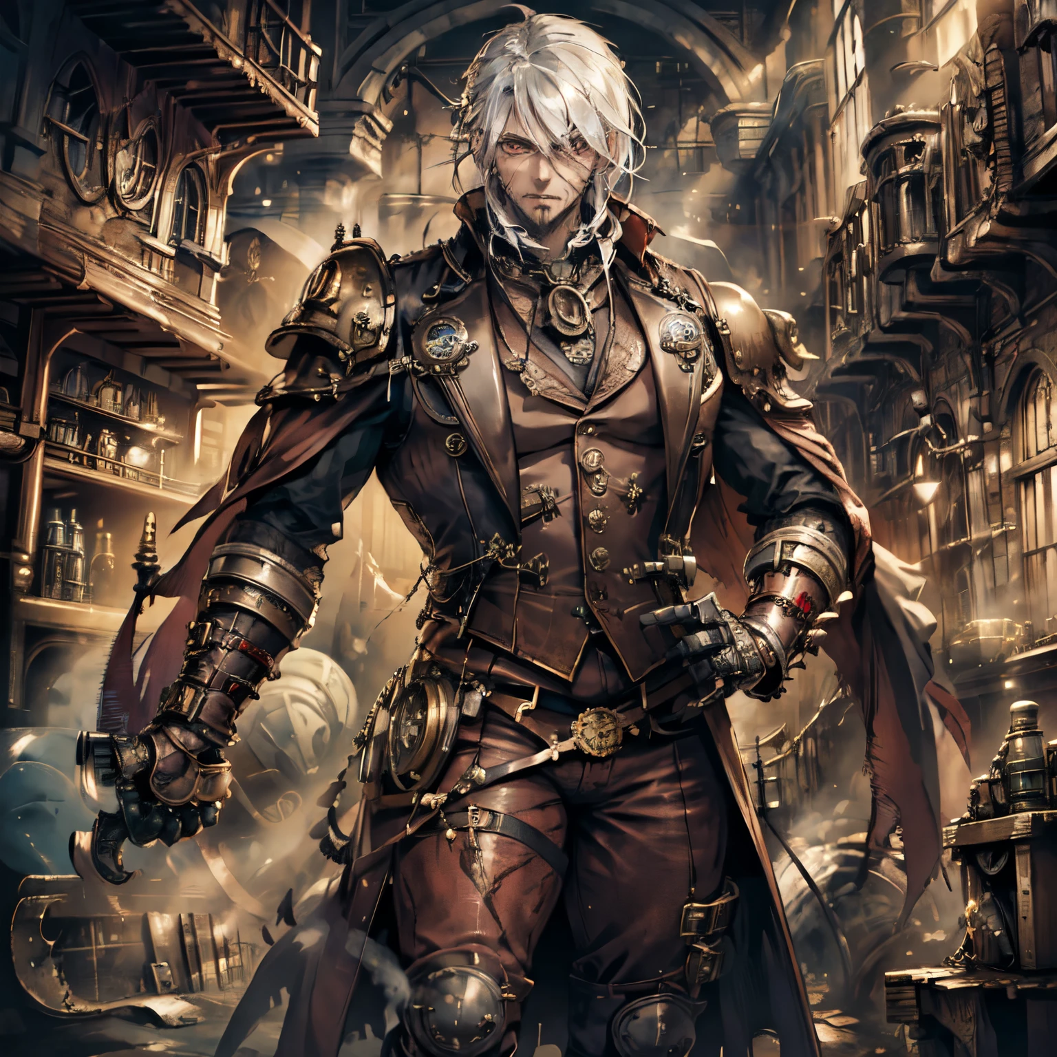 Large strong man, powerful, vampire, glowing red eyes, long flowing white hair, covered in scars, steampunk gear, steampunk scientist goggles, steampunk watch on wrist, standing in a factory, detailed face, high quality, thin armor and vest, a lot of fabric, fancy, skilled, pale white skin, red eyes, less technology, not bulky, slim, BloodBorne