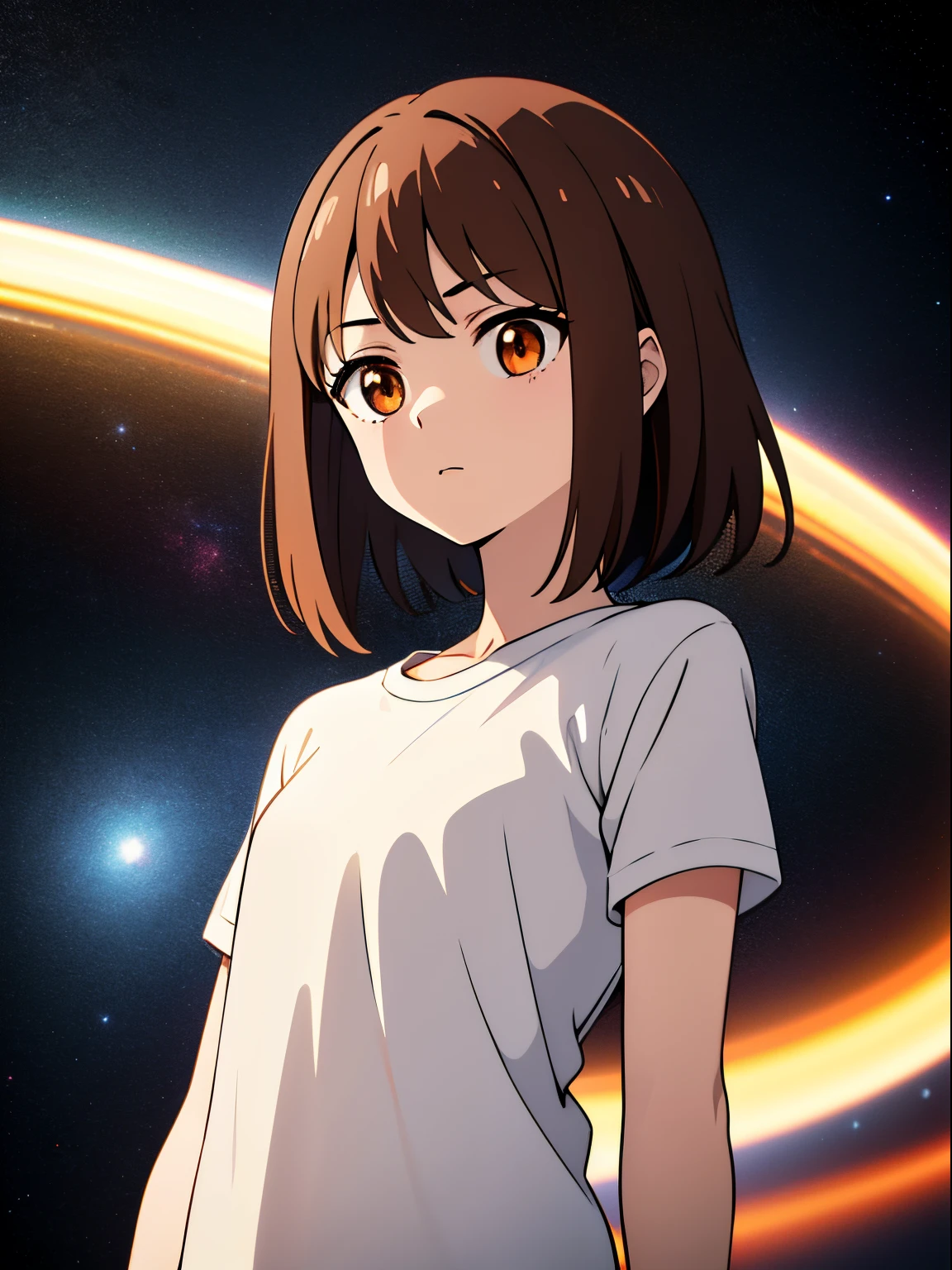 Girl, brown hair, Orange Eyes, arms crossed, In the middle of space, ((Anime style)), white  shirt, soft colors, colorfully background, space background, Soft touches