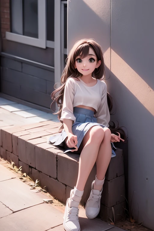 there is a girl smiling sitting on a wall wearing a skirt and crop shirt, (((sfw)))