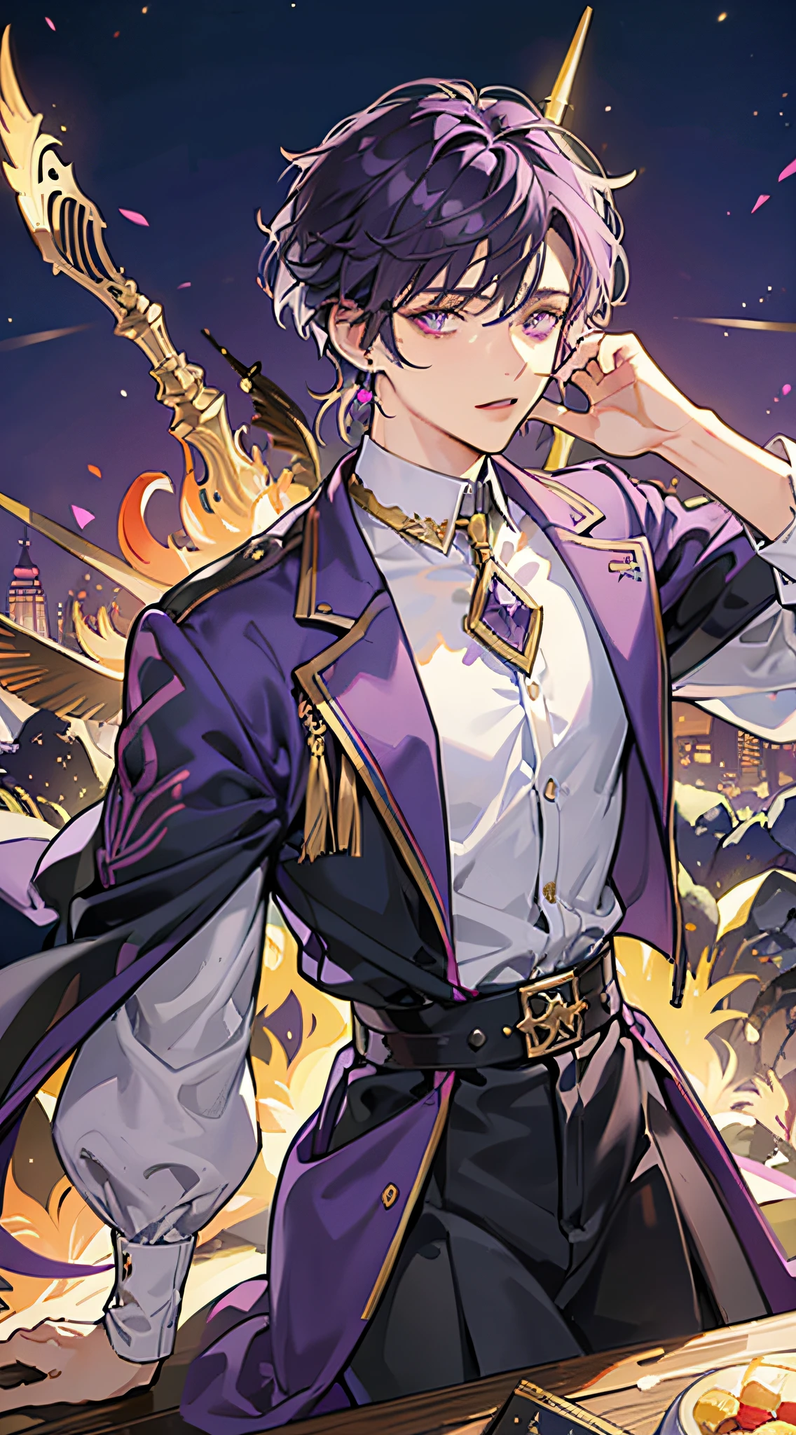 neon city, absurdres, high res, ultrasharp, 8K, masterpiece, reyna,valorant, male version, 1 man, short hair, dark purple hair, light pinkish purple highlight on hair, holding a rifle, wearing tights with a purplish glow in the chest, gold amethyst earrings, mexican, tan skin tone, purple glowing eyes, similar to reyna from valorant