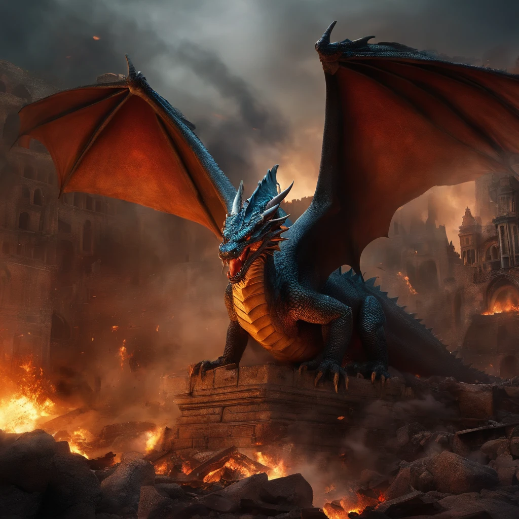 Dragon crashes into a city destroyed by war