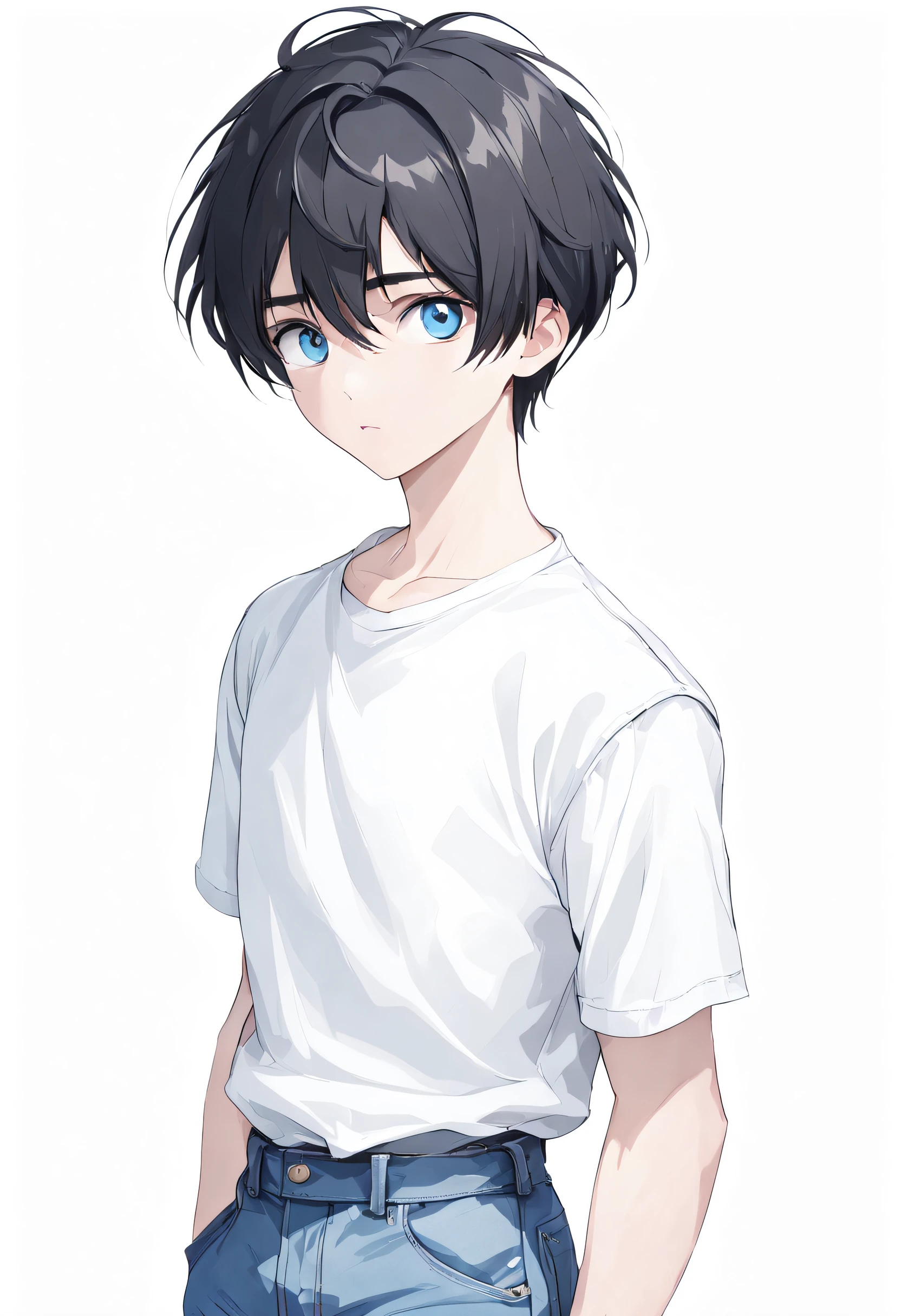 1boy, short black hair, blue eyes, well-defined and slightly arched eyebrows wearing plain white shirt, denim pants, white background, high res, ultra sharp, 8K, masterpiece, looking at viewer
