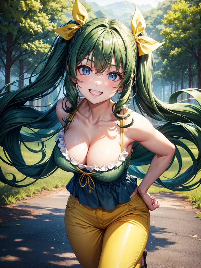 1girl, solo, full body, summer, village, trees, long hair, ((dark green hair)), curly hair, twintail, large breasts, blue top, cleavage, dark blue eyes, yellow pants, grin, looking at the viewer, running, hair ribbon