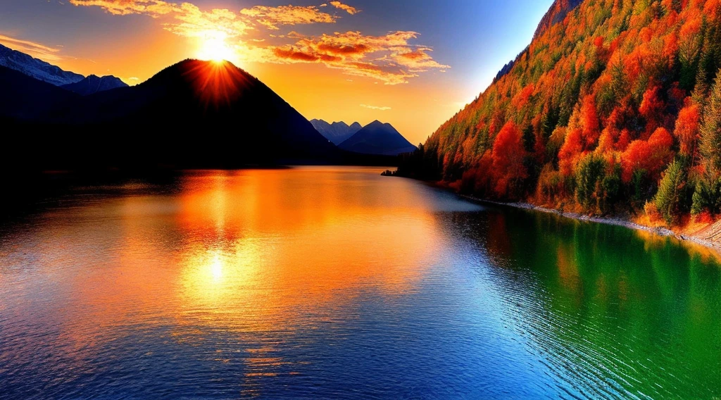 arafed view of a lake with a mountain in the background, warm beautiful scene, beautiful lake, majestic nature scenery, beautiful lake background, really beautiful nature, very beautiful scenery, beautiful nature, autumn sunset, breathtaking colors, beautiful scenery, autumn sunrise warm light, very very beautiful scenery, at sunset in autumn, beautiful wallpaper, very very very beautiful scenery