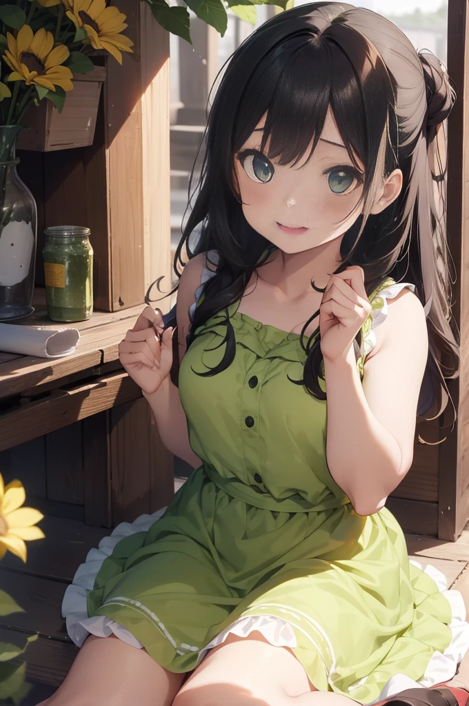1girls, :d, Tierohr-Flusen, Tierohren, Pony, schwarzes Haarband, blondes Haar, verschwommen, verschwommener Hintergrund, Depth of field, Kleid, Blume, Blumentopf, frilled dress, frills, green dress, green eyes, Haarband, haltend, Lange Haare, Offener Mund, rosa Blume, Pflanze, Topfpflanze, Skizzieren, sleeveless, sleeveless dress, smil, nur, Schwanz, Handgelenks-Manschetten, gelbe Blume, 1980er Jahre (Stil)